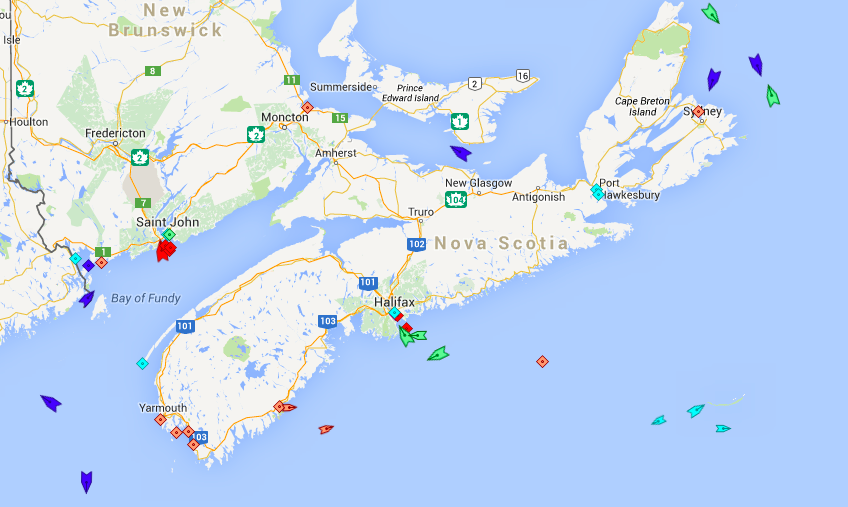 The seas around Nova Scotia, 5:45am Friday. Map: marinetraffic.com