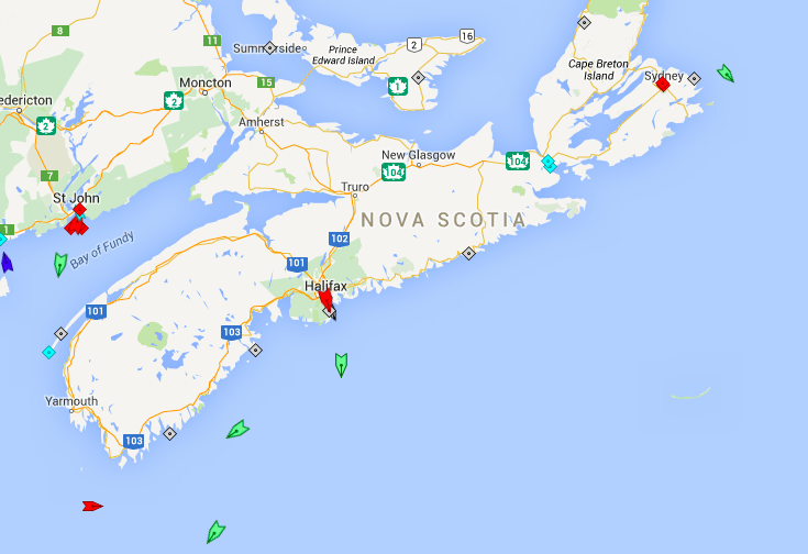 The seas off Nova Scotia, 8:30am Friday. Map: marinetraffic.com