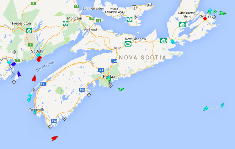 The seas off Nova Scotia, 8am Monday. Map: marinetraffic.com