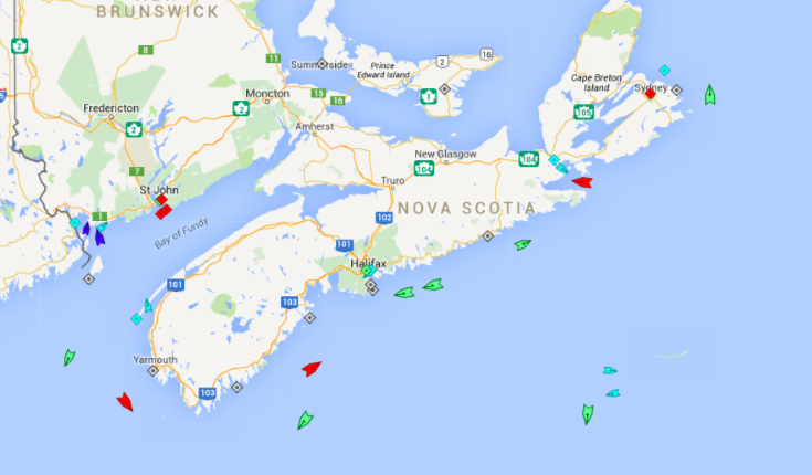 The seas around Nova Scotia, 8:30am Tuesday. Map:marinetraffic.com