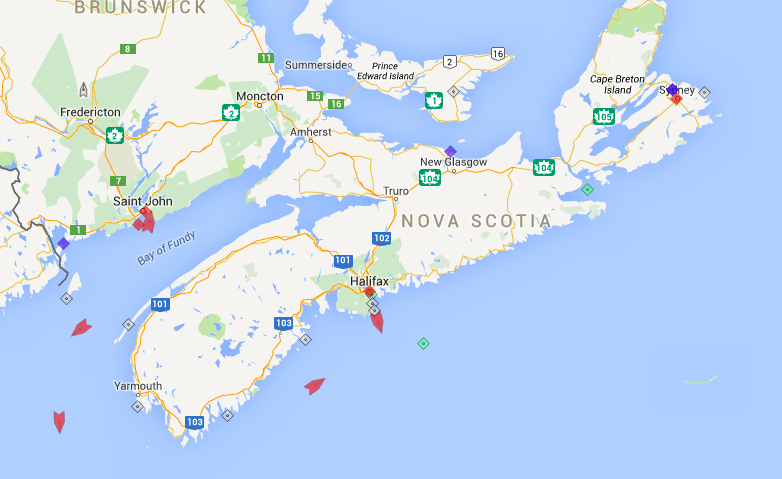 The seas around Nova Scotia, 8:15am Monday. Map: marinetraffic.com