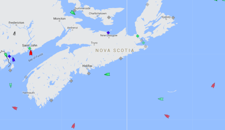 The seas off Nova Scotia, 8:30am Tuesday. Map: marinetraffic.com