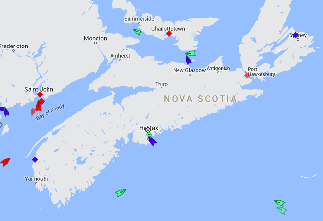 The seas around Nova Scotia, 8:45am Tuesday. The blue ship right at the mouth of Halifax Harbour is the cruise ship Marina. The two green ships out by Sable Island are the Oakland Express and APL Coral. Off Lunenburg is the Annette, bypassing Nova Scotia on its way to Quebec. Map: marinetraffic.com