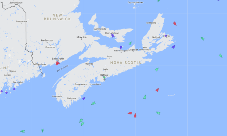 The seas around Nova Scotia, 8:15 Tuesday. Map: marinetraffic.com