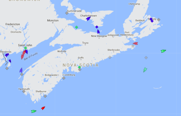 The seas around Nova Scotia, 8:30am Wednesday. Map: marinetraffic.com