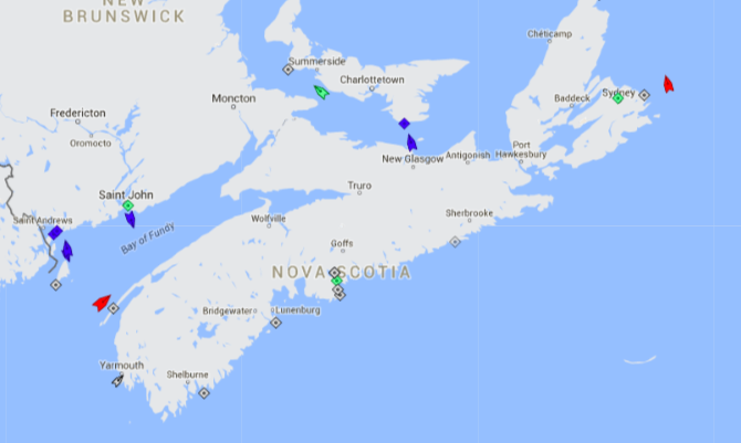 The seas around Nova Scotia, 8:30am Thursday. Map: marinetraffic.com