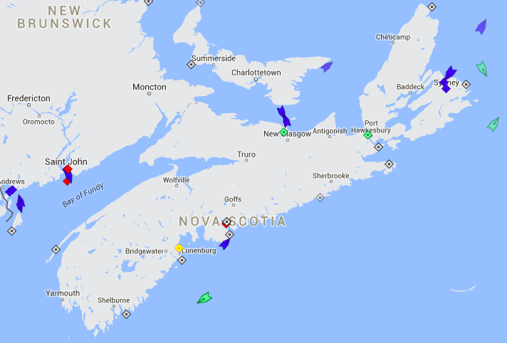 The seas around Nova Scotia, 8:30am Friday. Map: marinetraffic.com
