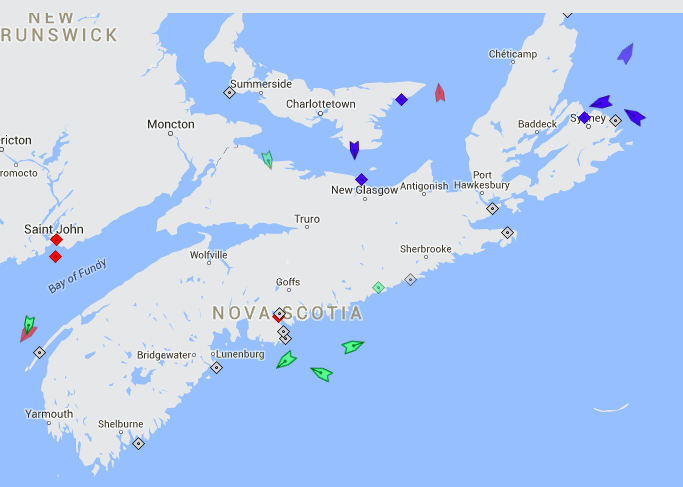The seas around Nova Scotia, 8:15am Tuesday. The ships clustered around Halifax are the arriving Herm P and the departing Northern Delegation and Barkald. The ships clustered around Sydney are the Port aux Basques ferries, the Atlantic Vision (arriving) and Highlanders (departing), and the cruise ship Maasdam (arriving). Map: marinetraffic.com