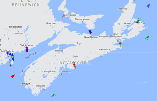 The seas around Nova Scotia, 8:45am Wednesday. Map: marinetraffic.com