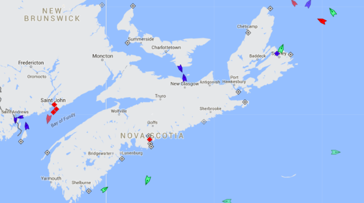 The seas around Nova Scotia, 8:15am Thursday. Map: marinetraffic.com