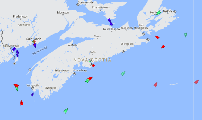 The seas around Nova Scotia, 8:35am Monday. Map: marinetraffic.com