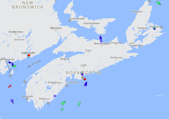 The seas around Nova Scotia, 8:40am Thursday. Map: marinetraffic.com