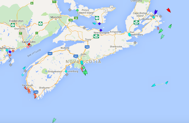 The seas around Nova Scotia, 6am Thursday. Map: marinetraffic.com