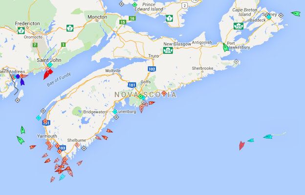 The seas around Nova Scotia, 8:30am Monday. Map: marinetraffic.com