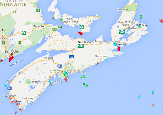 The seas around Nova Scotia, 8:30am Tuesday. Map: marinetraffic.com