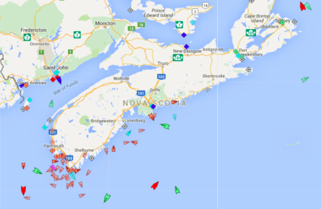 The seas around Nova Scotia, 8:40am Monday. Map: marinetraffic.com