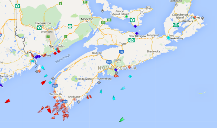 The seas around Nova Scotia, 9am Thursday. Map: marinetraffic.com