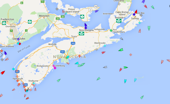 The seas around Nova Scotia, 8:30am Friday. Map: marinetraffic.com