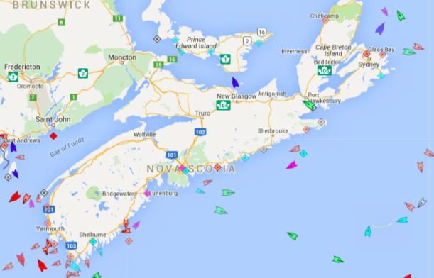 The seas around Nova Scotia, 8:45am Friday. Map: marinetraffic.com