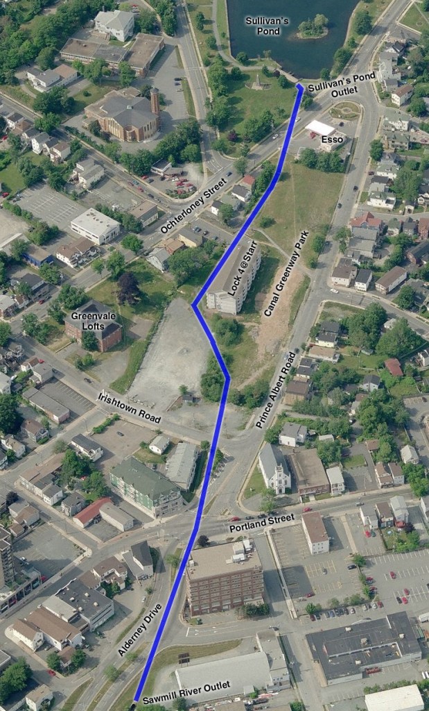 Approximate location of Sawmill River pipe (in blue), from Spacing.ca