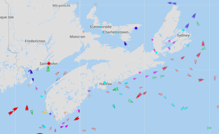 The seas around Nova Scotia, 8:50am Tuesday. Map: marinetraffic.com