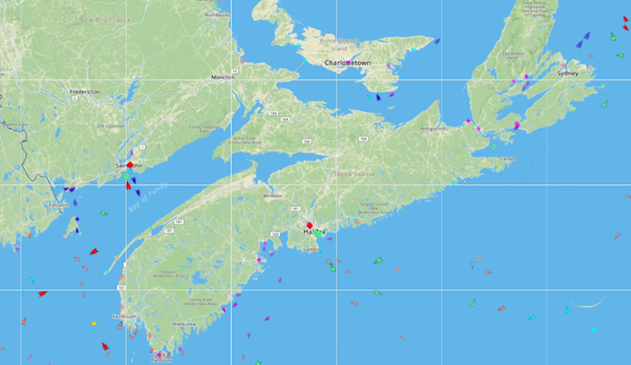 The seas off Nova Scotia, 9am Monday. Map: marinetraffic.com