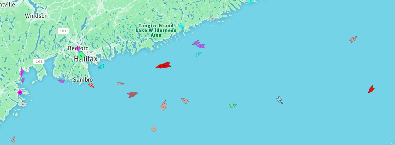 The approach to Halifax Harbour, 9:30am Monday. Map: marinetraffic.com