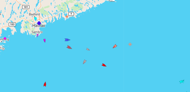 The sea around Halifax, 9am Monday. Map: marinetraffic.com