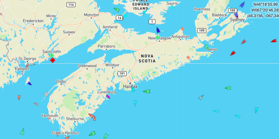 The seas around Nova Scotia, 6:30am Tuesday. Map: marinetraffic.com