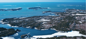 An aerial photo of Owls Head show the rocky areas jutting out into the waters off Eastern Shore.