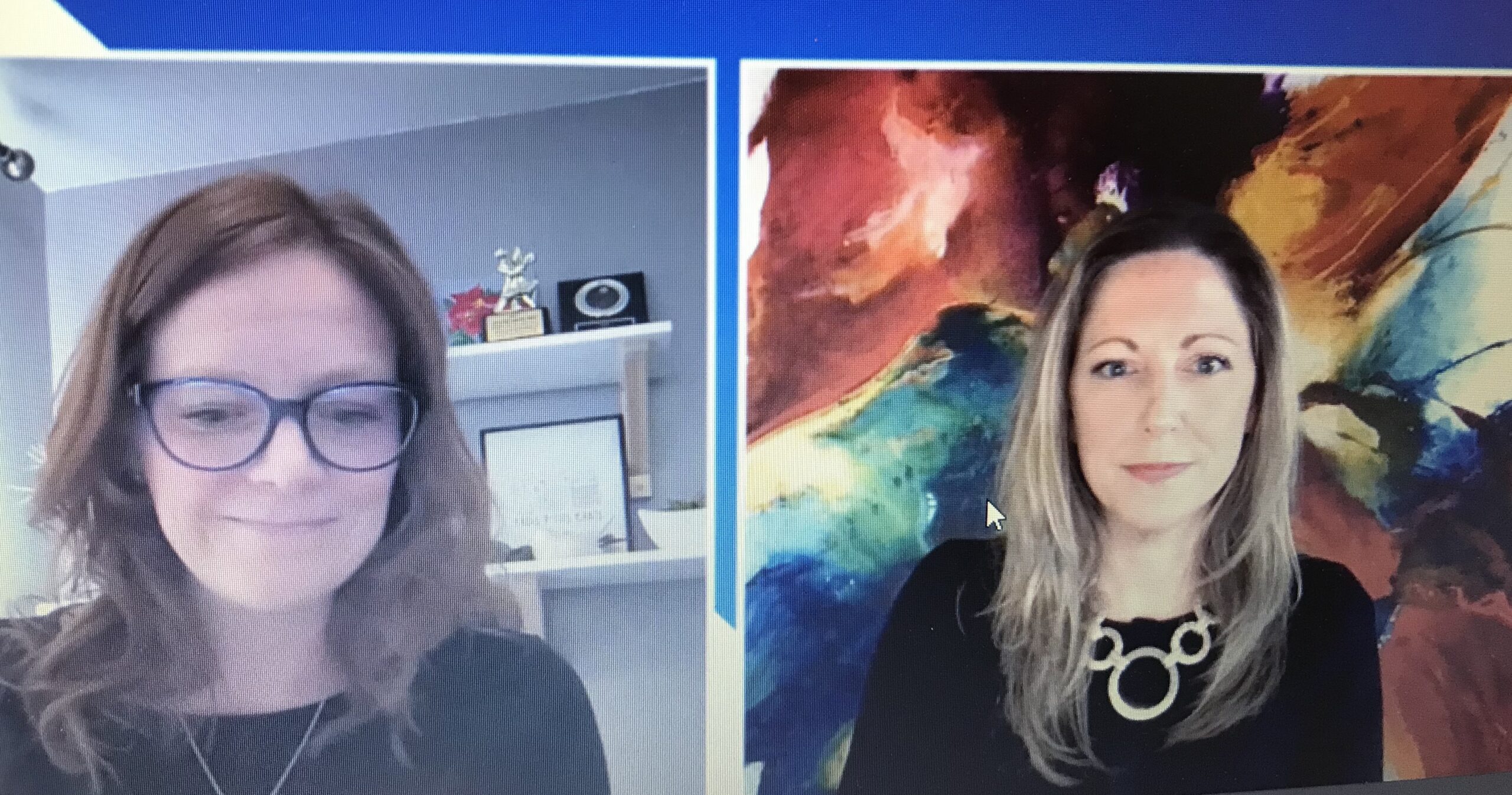 Two photos of Amanda MacDougall and Lisa Barrett, taken off a Zoom screen. MacDougall has a set of shelves behind her with tropies, awards, and a certificate, and Barrett has a lovely watercolour abstract painting behind her.