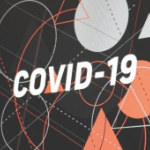 a mid-century modern style illustration, with "COVID 10" in white capital letters on a background of black, with orange and grey shapes and lines.