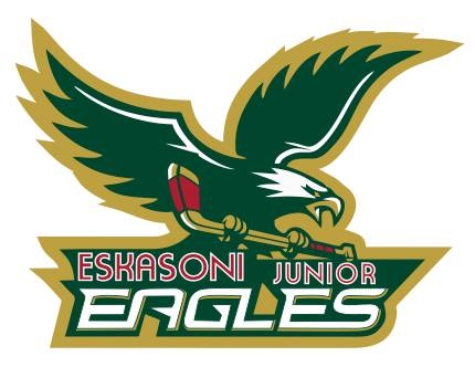 Team logo that shows an eagle holding a hockey stick with the words Eskasoni Junior Eagles. The colours of the logo are black and gold.
