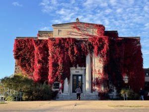 Acadia University's fitness facility is draped in red ivy.