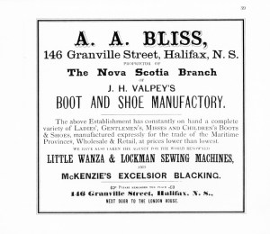 An ad from AA Bliss at 146 Granville Street in Halifax, the Nova Scotia Branch of JH Valpey's Boot and Shoe Manufactory. They also sell Little Wanza and Lockman sewing machines.