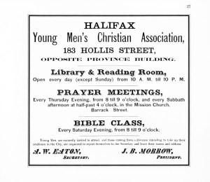 An old ad for the Young Men's Christian Association on 183 Hollis Street. It's advertising its library and reading rooms, prayer meetings, and bible classes every Saturday evening.