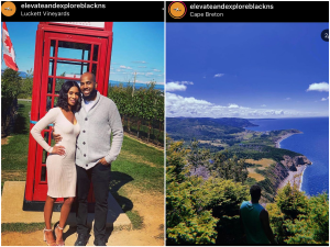 Right photo: Black couple pose in front of red phone booth in Luckett Vineyards, Right photo: man on mountain overlooks scenic coast line in Cape Breton.