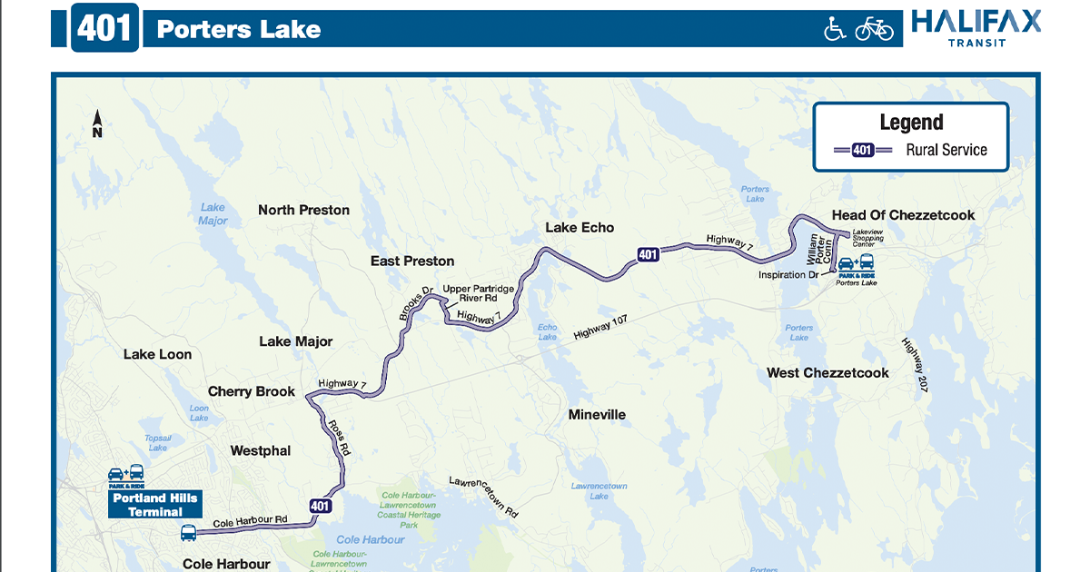 A white and blue map of Halifax Transit bus # 401, Porters Lake Route Map