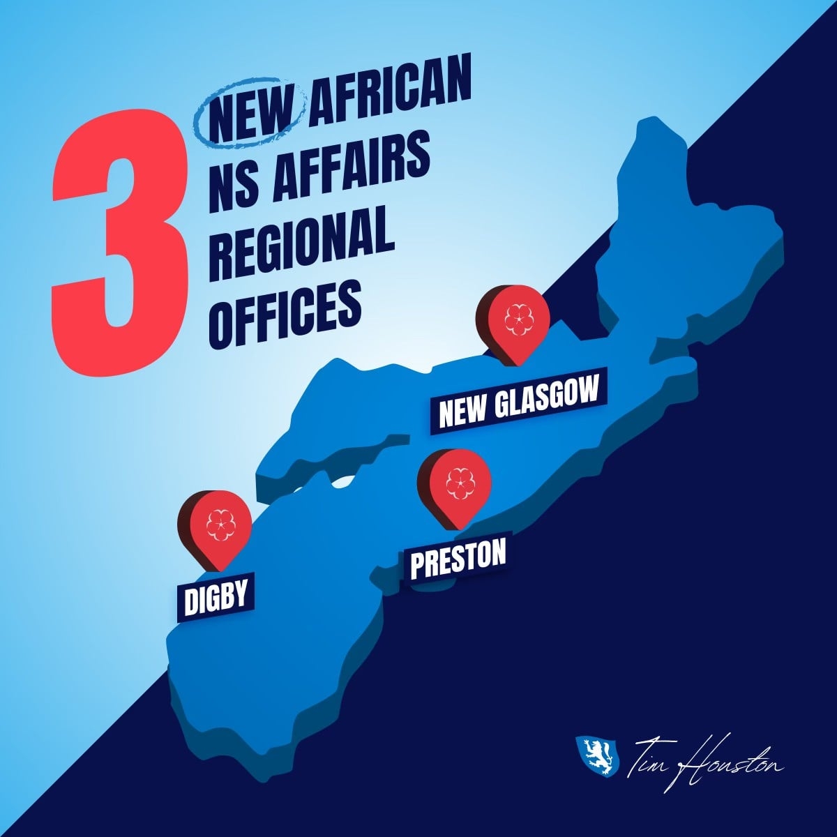 Infographic highlighting Digby, New Glasgow, and Preston as three new sites for African Nova Scotian Affairsregional offices