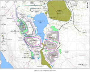 Proposed Goldboro mine plan from p 264 of technical report shows the historic tailings in green downstream from Gold Brook Lake.
