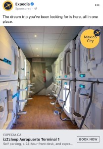 An ad from Expedia that shows a hallway with sleeping pods on either side. The slogan says the dream trip you've been waiting for is here, all in one place.
