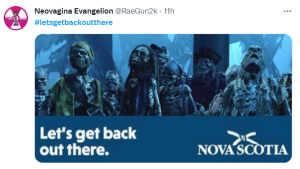 An ad with the slogan lets get back out there showing a zombie attack