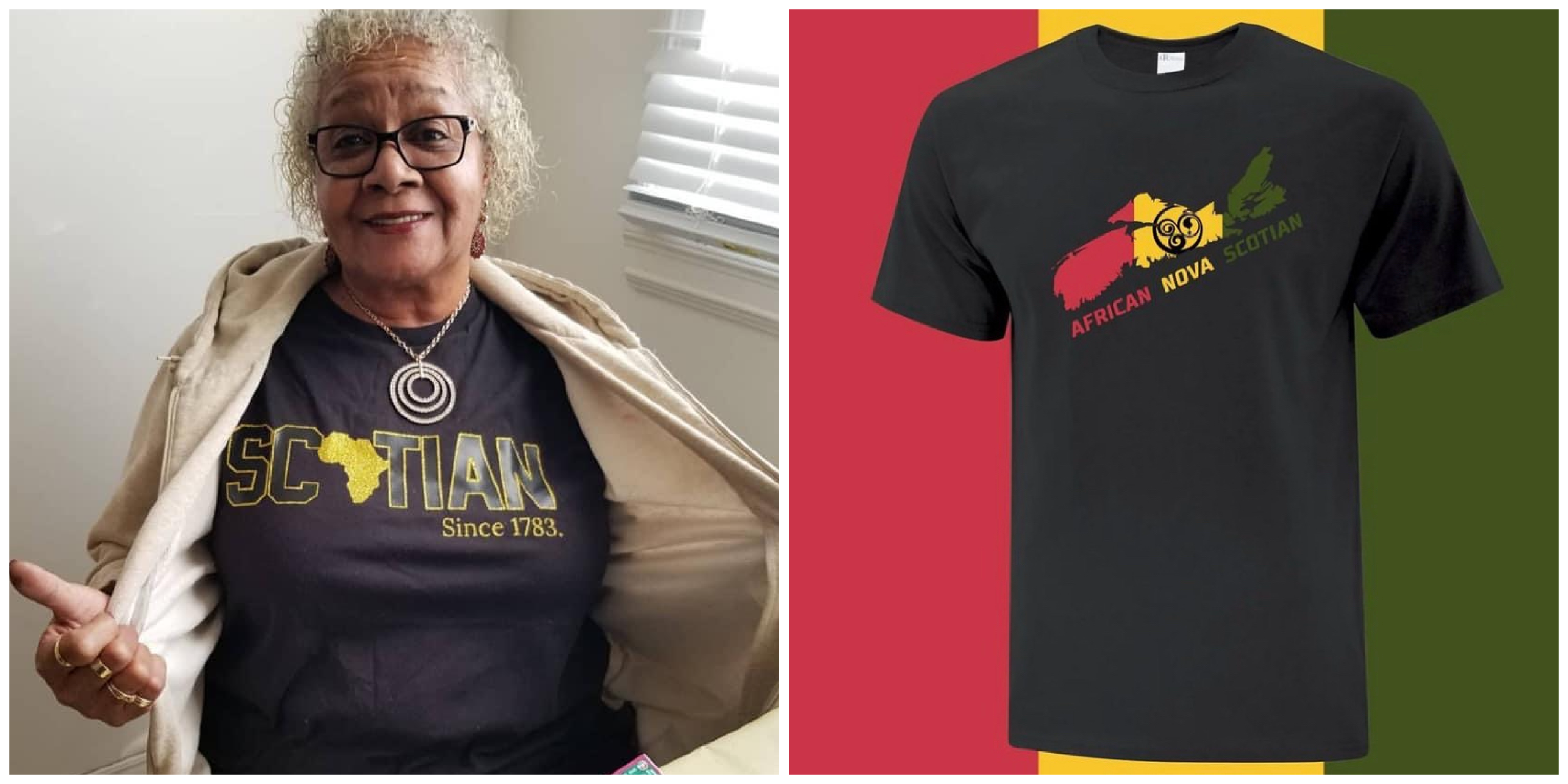 Left photo: Black lady wearing a "Scottish since 1783" T-shirt.  Right photo: a t-shirt with the African Nova Scotian flag