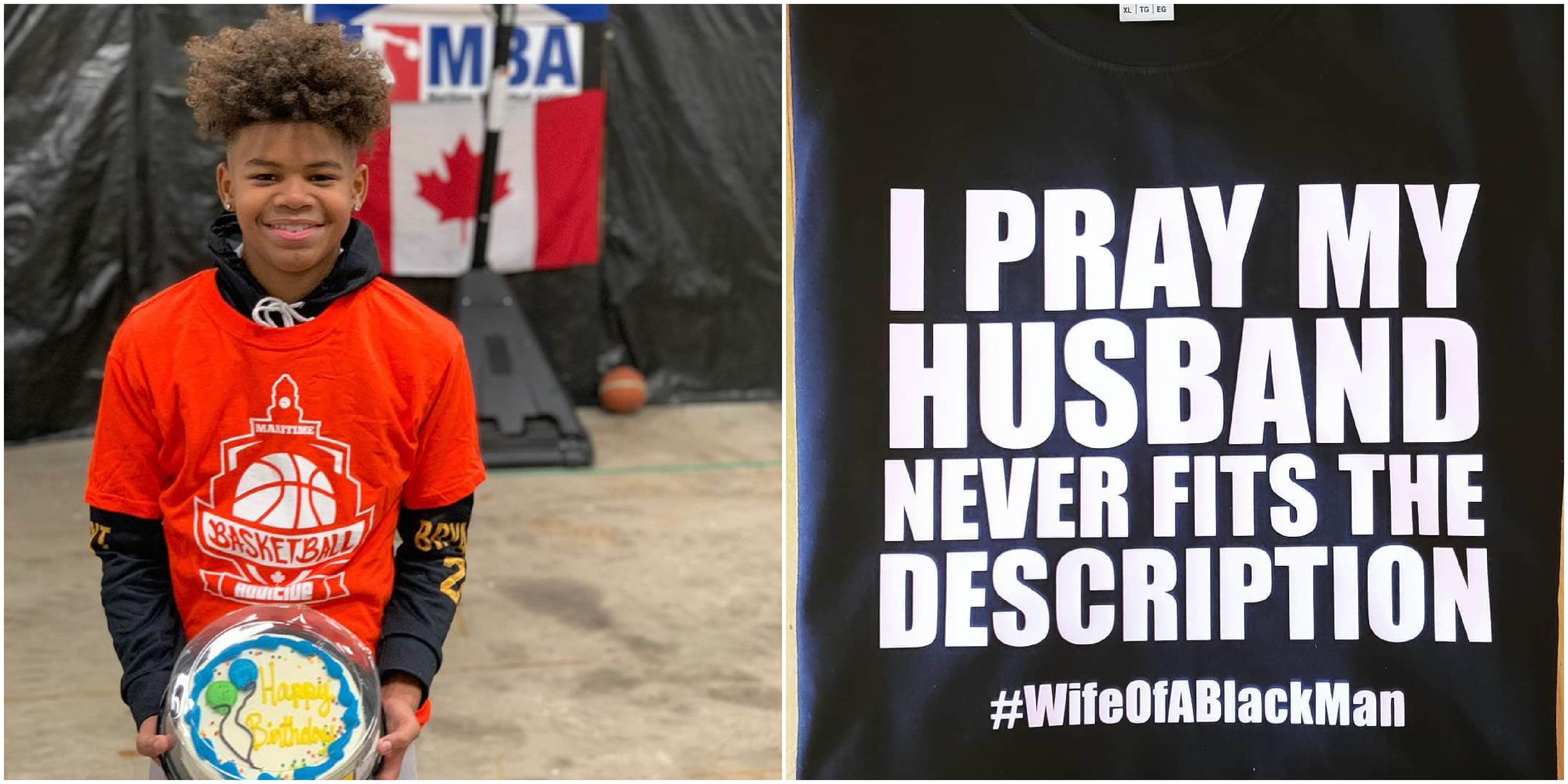 Left photo: Young black boy wearing an orange basketball tournament t-shirt designed by High Powered Cstoms.  Righ Photo: Black t-shirt with a white print that says: "I PRAY MY HUSBAND NEVER MATCHES THE DESCRIPTION #WifeOfABlackMan"