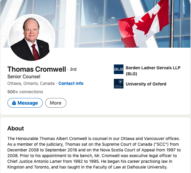This is a screenshot of retired Supreme Court of Canada Judge Thomas Cromwell, the new mediator chosen by Northern Pulp, from his LInkedIn page, showing his profile in a small circle and a Canadian flag on the right of the page.