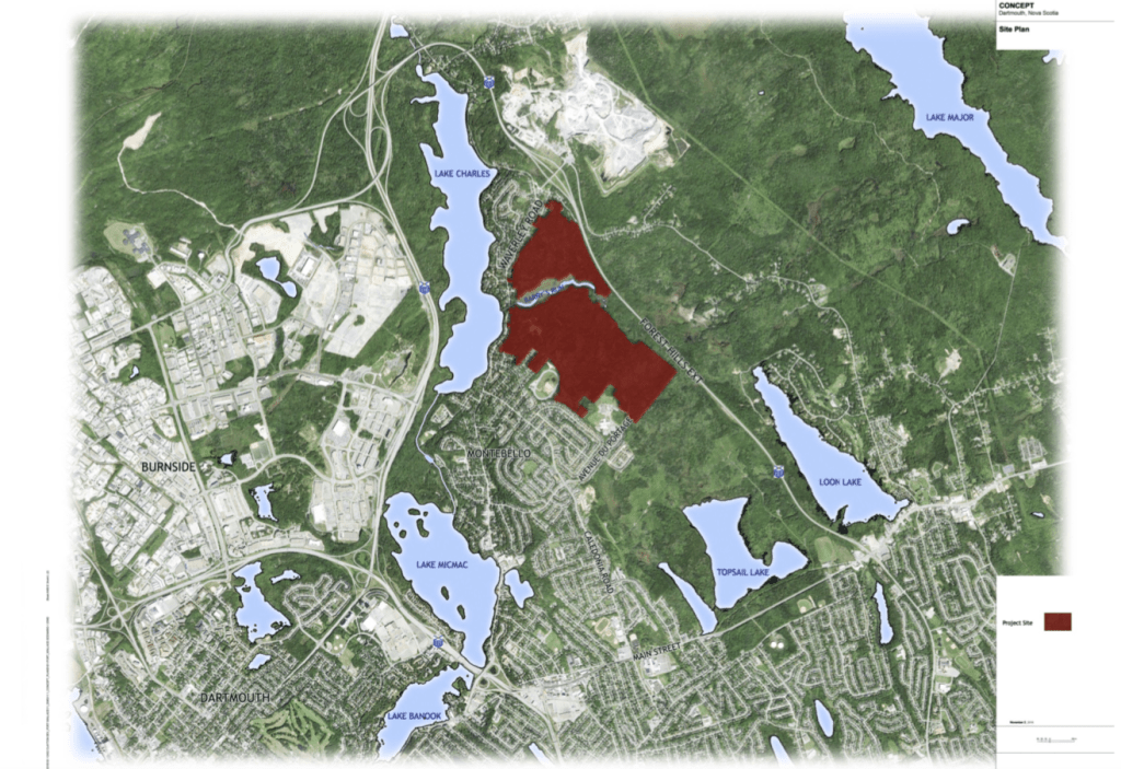 This screenshot of a slide from the 2016 Clayton Developments concept plan for a subdivision in Port Wallace shows the location of the proposed subdivision in red, on either side of Barry's Run.