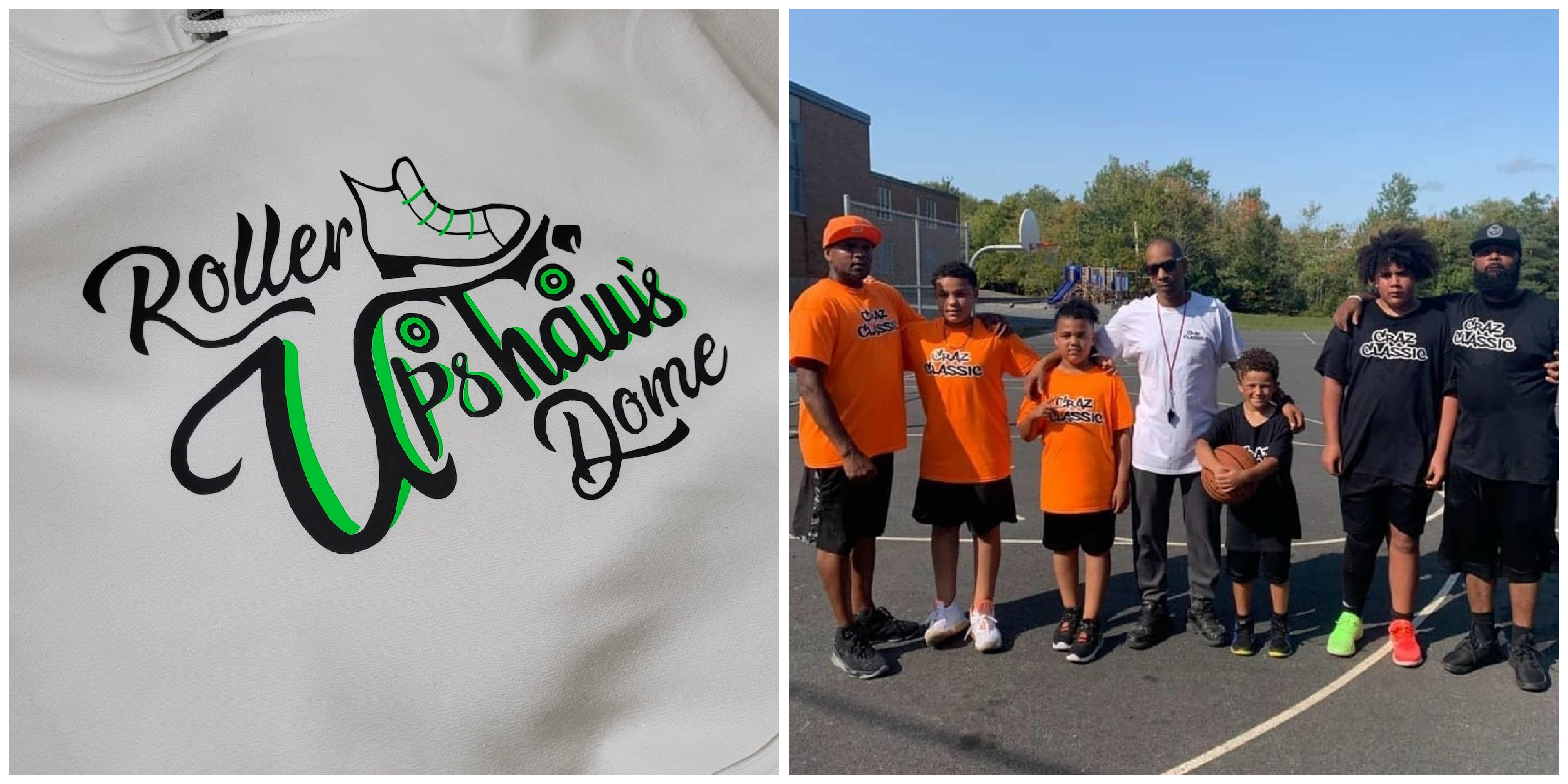 Left: Upshaw's Roller Dome hoodies.  Right: Participants of the 'Craz Classic' basketball tournament wearing orange and black t-shirts, respectively, for the tournament.  Clothing in both photos created by High Powered Customs 