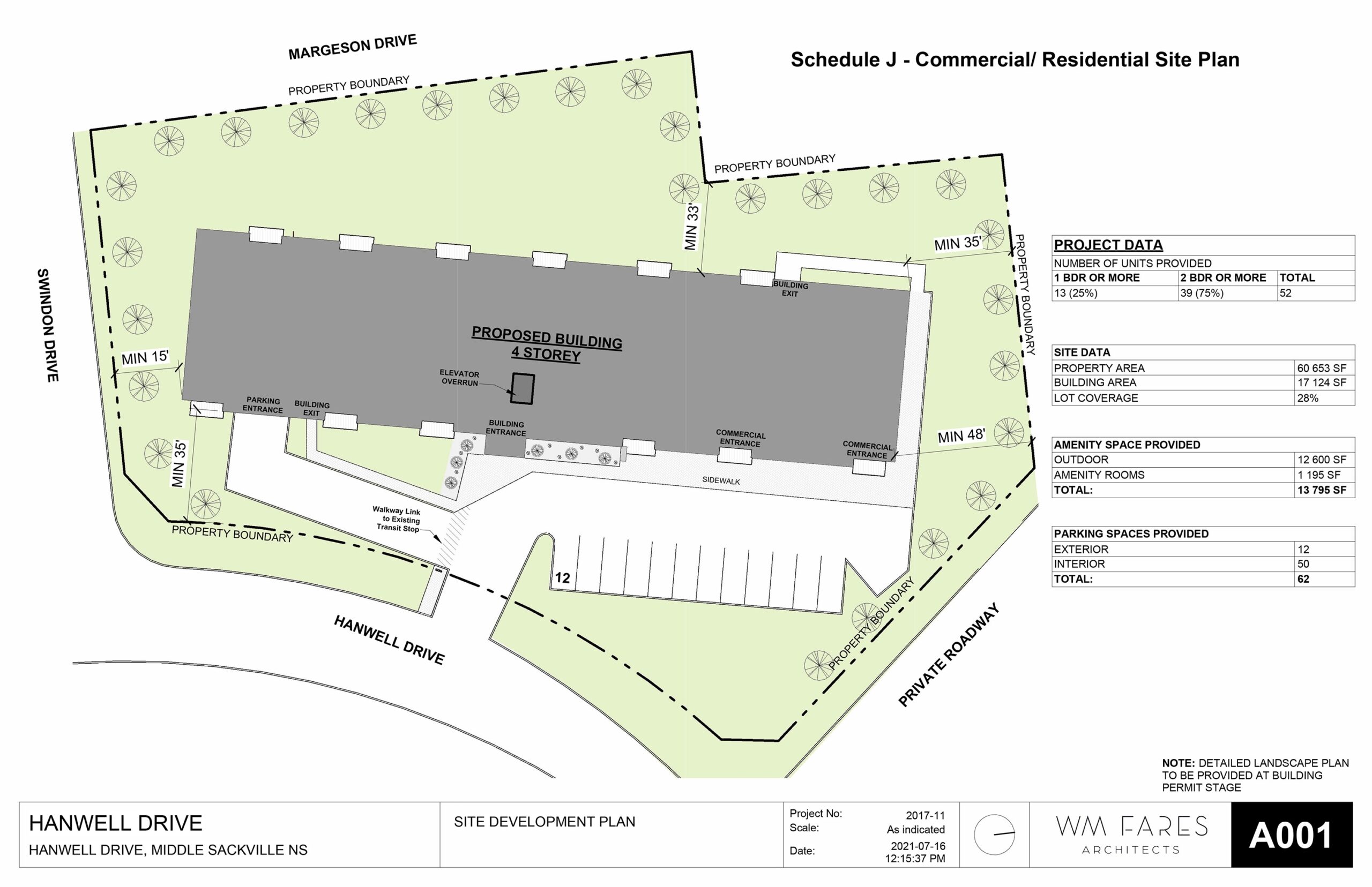 A site plan shows an overhead view of a development proposal. In the centre is a four-storey building in grey, with a parking lot on the bottom. Around the building is landscaping, with trees dotting the property line.