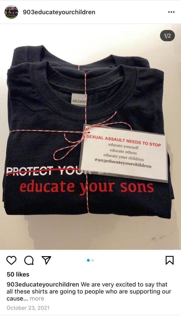 A screenshot of t-shirts wrapped up with string. A tag on the package says "sexual assault needs to stop. Educate yourself, educate your sons, educate your children" And then there is the hashtag #903educateyourchildren