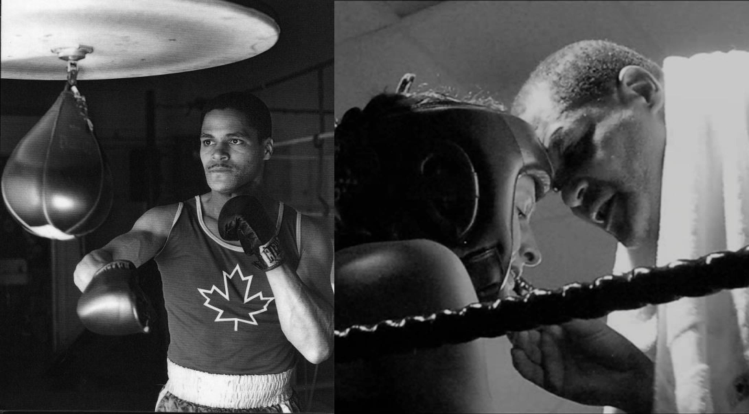 Right photo: Black and white photo of a Black man in boxing gloves and Maple Leaf tanktop hitting a speed bag. Right Photo: Black and white close up photo of Black man (same man but older) coaching a young boxer/